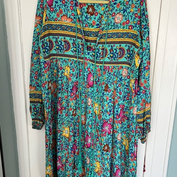 R.Vivimos Women's Long Sleeve Floral V Neck Bohemian Midi Dress XL (teal) - Picture 3 of 5